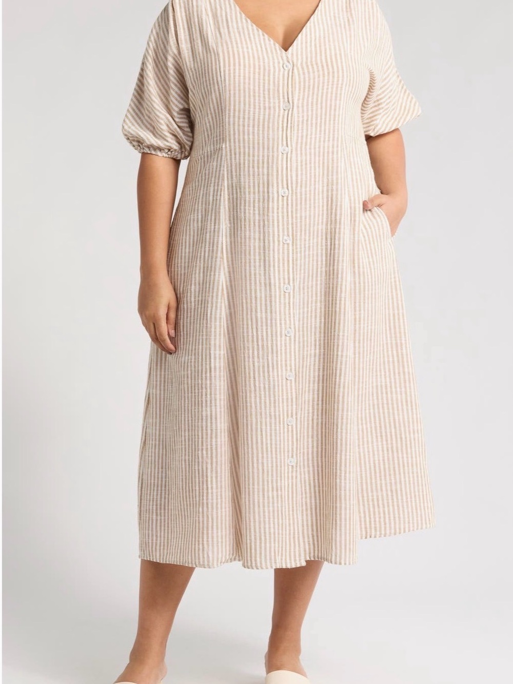 Max Studio Button-Front V-Neck Yarn Dye Midi Dress in Beige Stripe Size 1X
